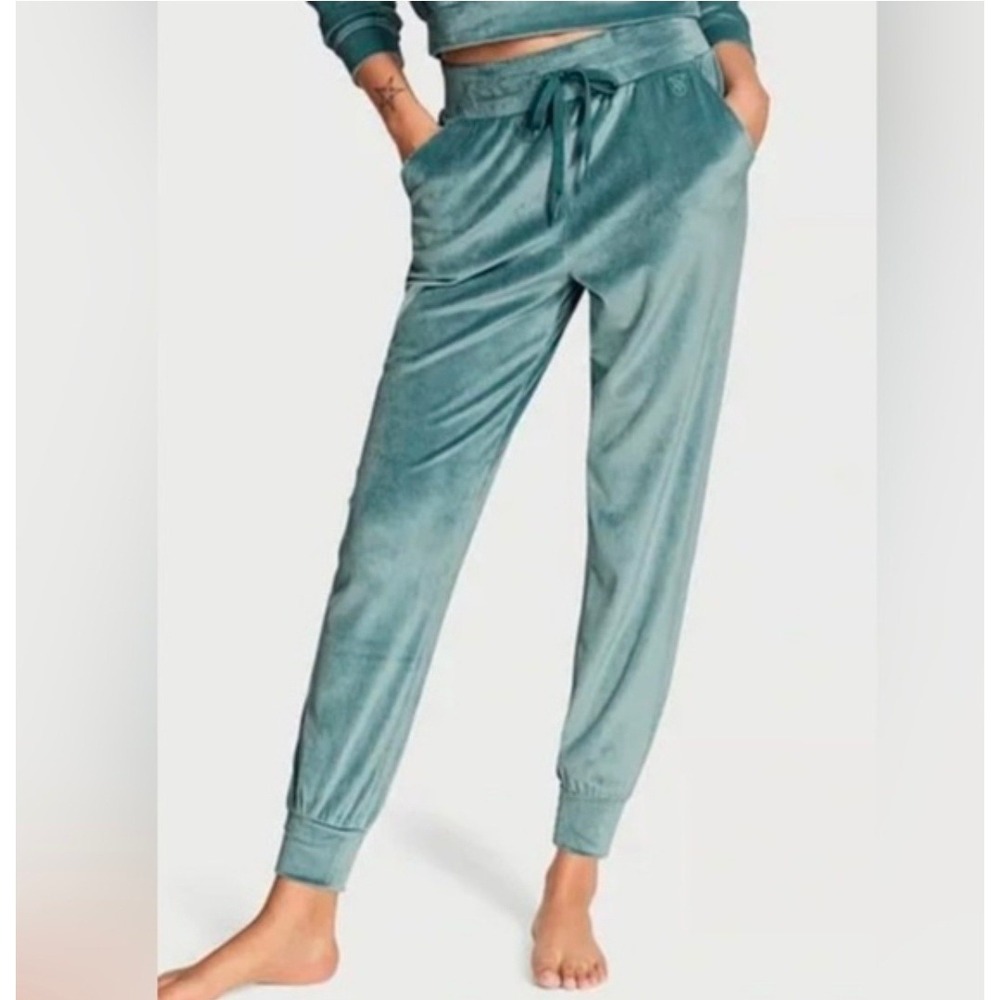 Victoria's Secret Women Small‎ Teal Joggers Velour High Rise Lounge Pants V Logo